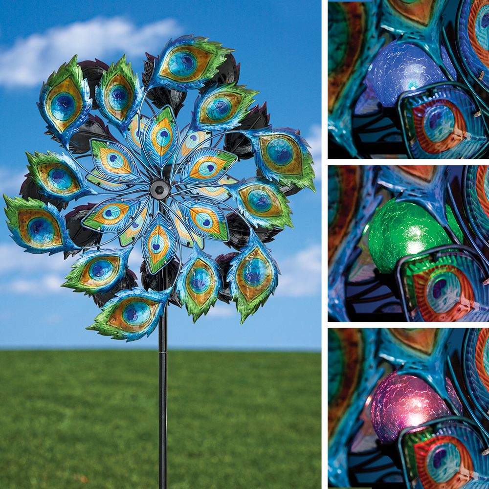 Bits and Pieces Solar Multicolour Kinetic Windspinner Solar Powered Glass Ball Emits Colour-changing Light Magnificent Peacock Solar Wind Spinner