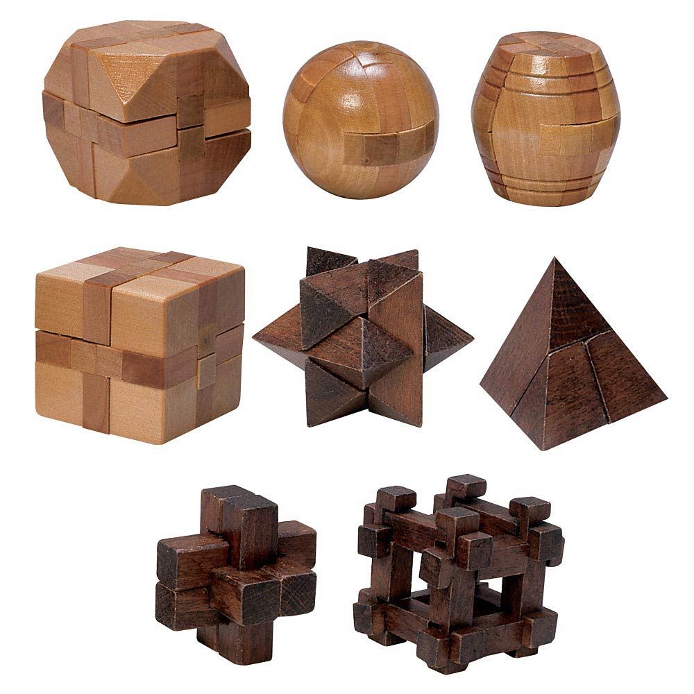 Set of 8: Natural and Dark Wood Wooden Puzzles