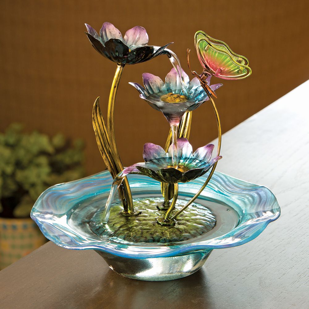 Iridescent Glass Butterfly & Water Lilies Porch Patio Tabletop Water Fountain