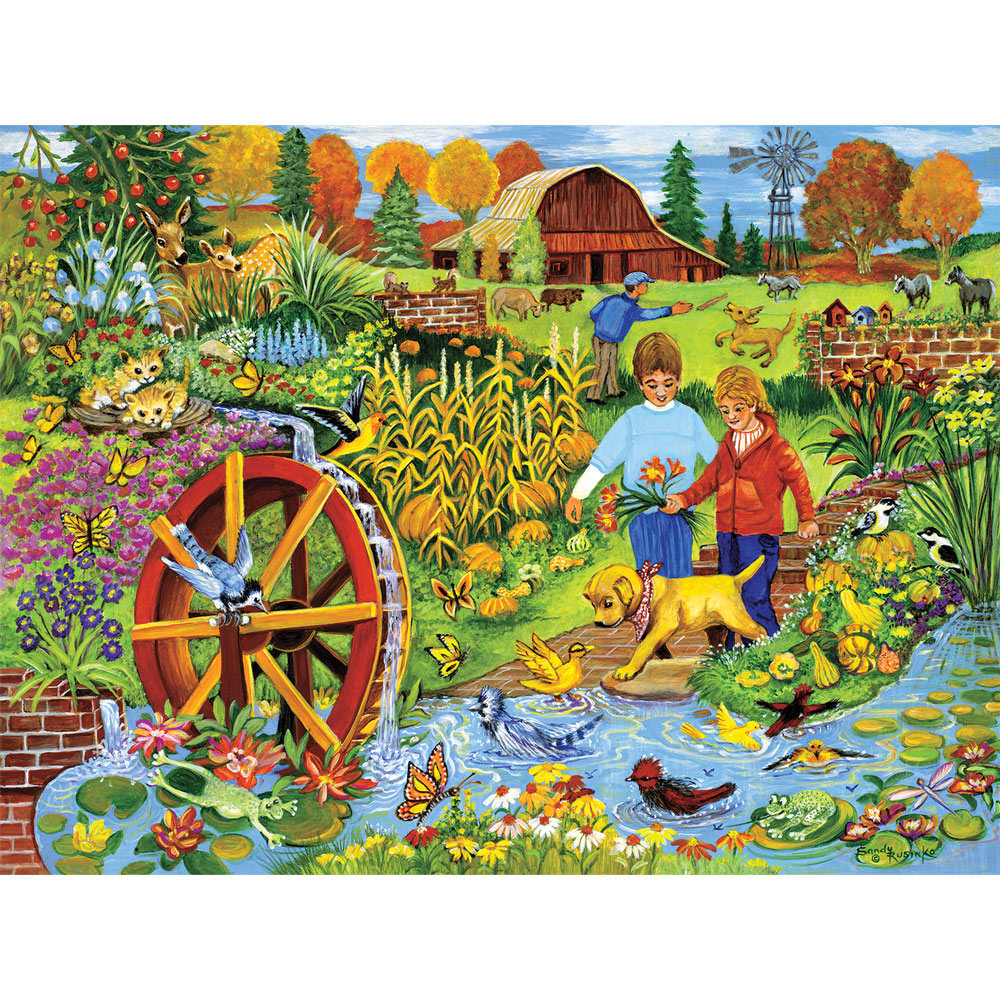New 300 Sandy Rusinko Art Puzzle"Playing By The Waterwheel"Large Format 18"x24" 