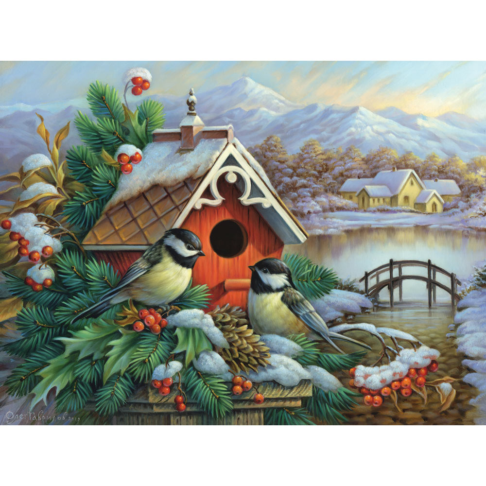 Red Birdhouse and Chickadees 300 Large Piece Jigsaw Puzzle