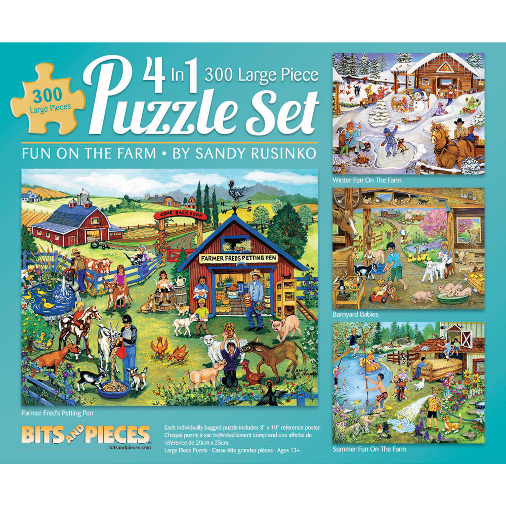 On the Farm 4-in-1 300 Large Piece Sandy Rusinko Jigsaw Puzzle Set