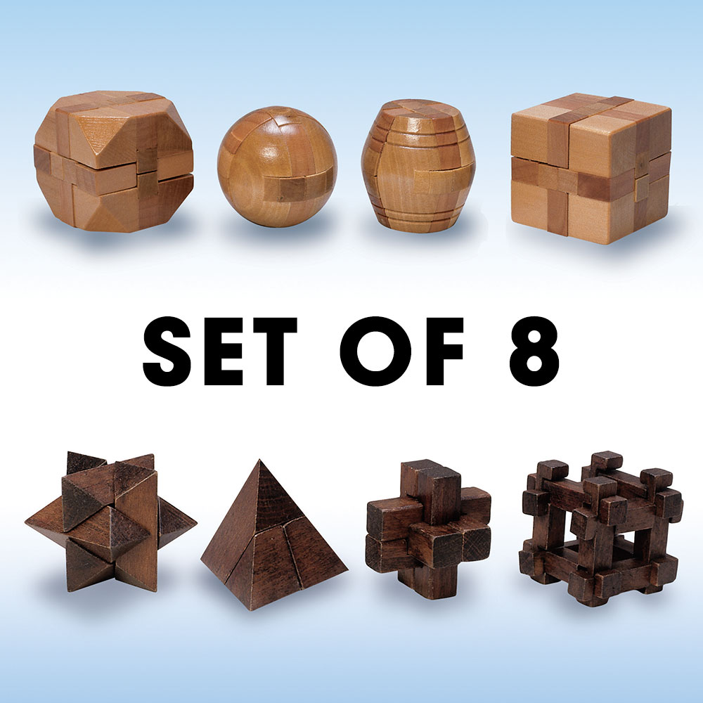 Set of 8: Natural and Dark Wood Wooden Puzzles