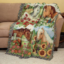 Horse And Florals Tapestry Throw Blanket