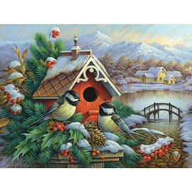 Red Birdhouse and Chickadees 500 Piece Jigsaw Puzzle