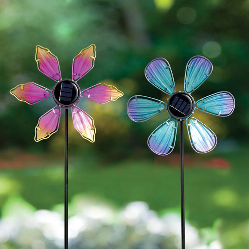 Set of 2: Solar Blue and Pink Coneflower Spinner Stakes