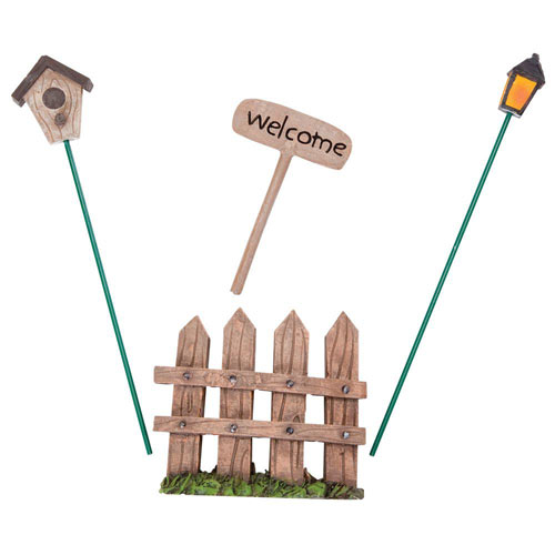 Fence, Welcome Sign, Birdhouse and Lantern Stakes