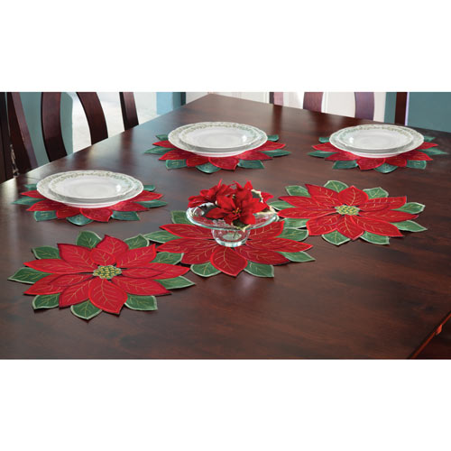 Set of 4: Poinsettia Placemats - 14-1/2 Round