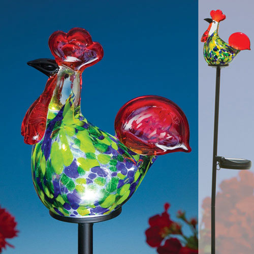Blown Glass Rooster Solar LED Garden Stake