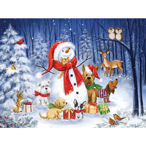 Snowman With Dogs In The Woods 300 Large Piece Jigsaw Puzzle