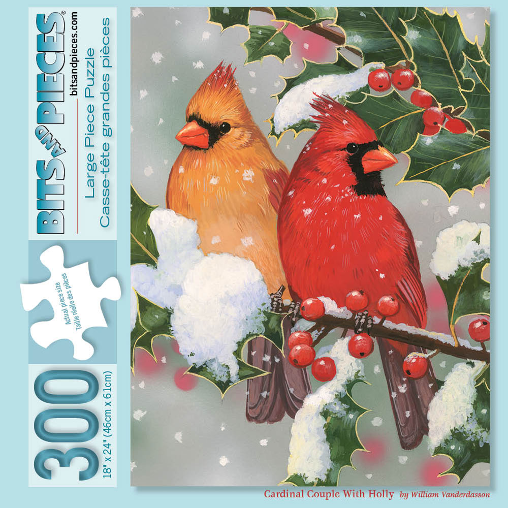 Cardinal Couple With Holly 300 Large Piece Jigsaw Puzzle