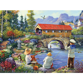 Fishing By A Covered Bridge 300 Large Piece Jigsaw Puzzle