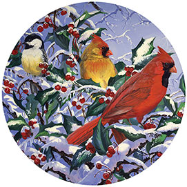 Cardinals In Holly with Chickadee 300 Large Piece Round Jigsaw Puzzle