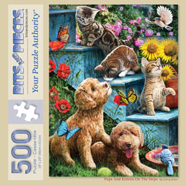 Pups And Kittens On The Steps 500 Piece Jigsaw Puzzle