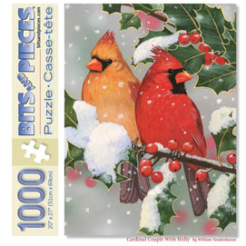 Cardinal Couple With Holly 1000 Piece Jigsaw Puzzle
