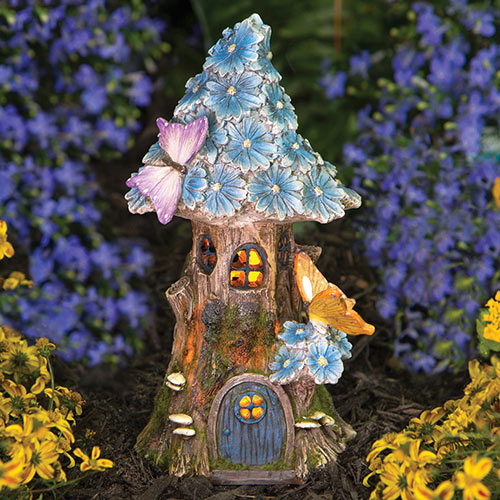 Solar LED Butterfly & Blue Daisies Fairy House Garden Sculpture