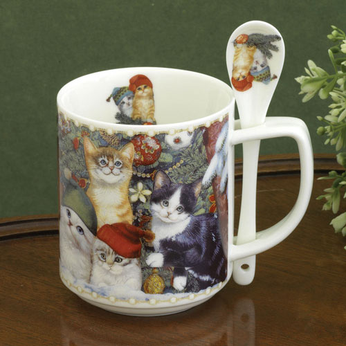 Porcelain Christmas Cats Mug & Spoon Set