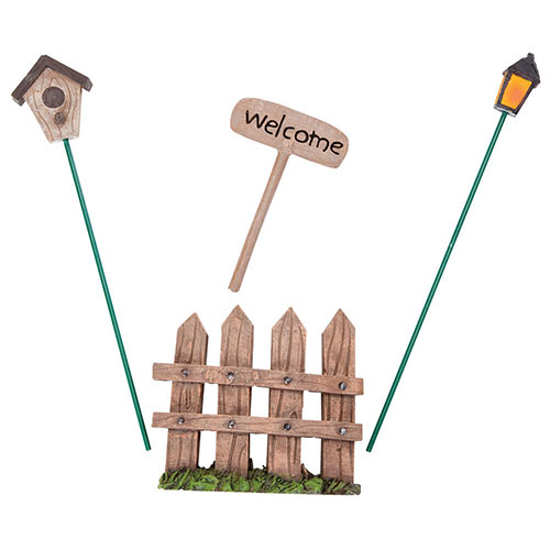 Miniature Fence, Welcome Sign, Birdhouse & Lantern Stakes
