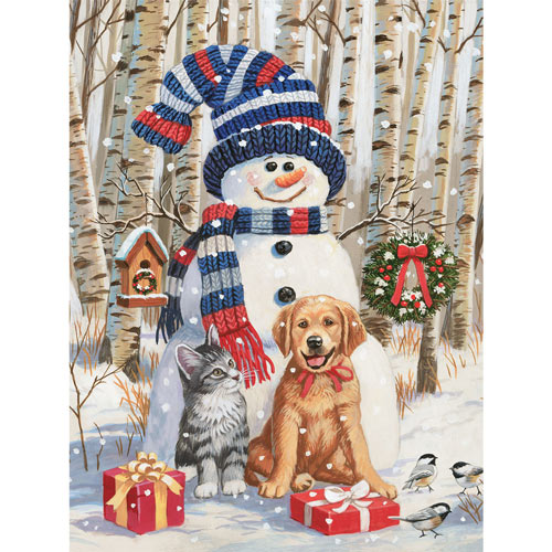 Kitten And Puppy With Snowman 300 Large Piece Jigsaw Puzzle