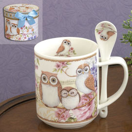 Porcelain Owl Mug & Spoon Set