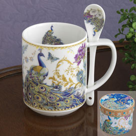 Porcelain Peacock Mug And Spoon Set