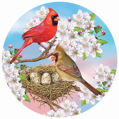 Cardinals In Spring 300 Large Piece Round Jigsaw Puzzle