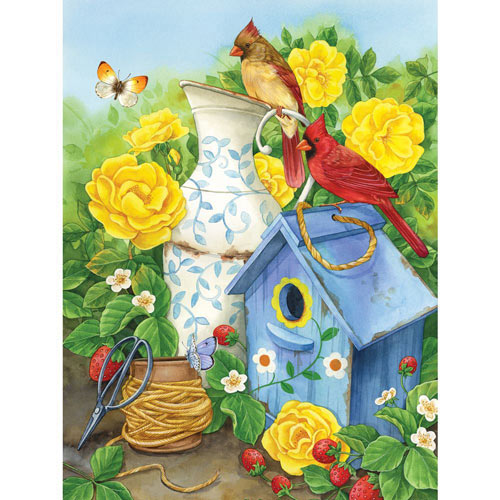 Cardinals And Yellow Roses 300 Large Piece Jigsaw Puzzle