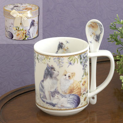 Porcelain Kittens Mug And Spoon Set