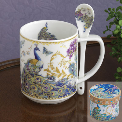 Ceramic Peacock Mug & Spoon Set