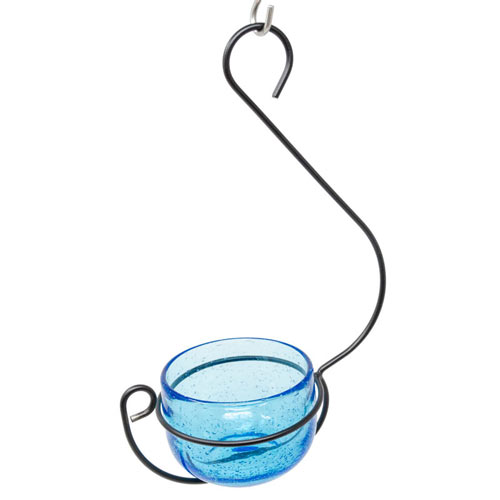 Blue Glass Hanging Mealworm Feeder