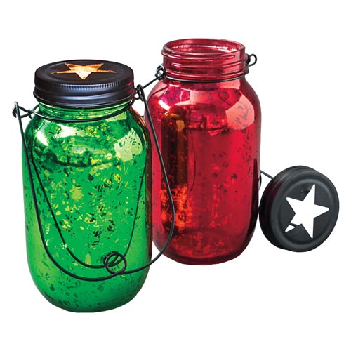 Red and Green Mercury Glass Lanterns
