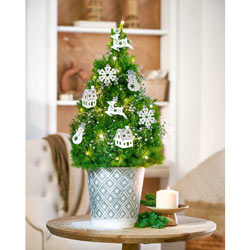 Silver and White Winter Potted Spruce Tree
