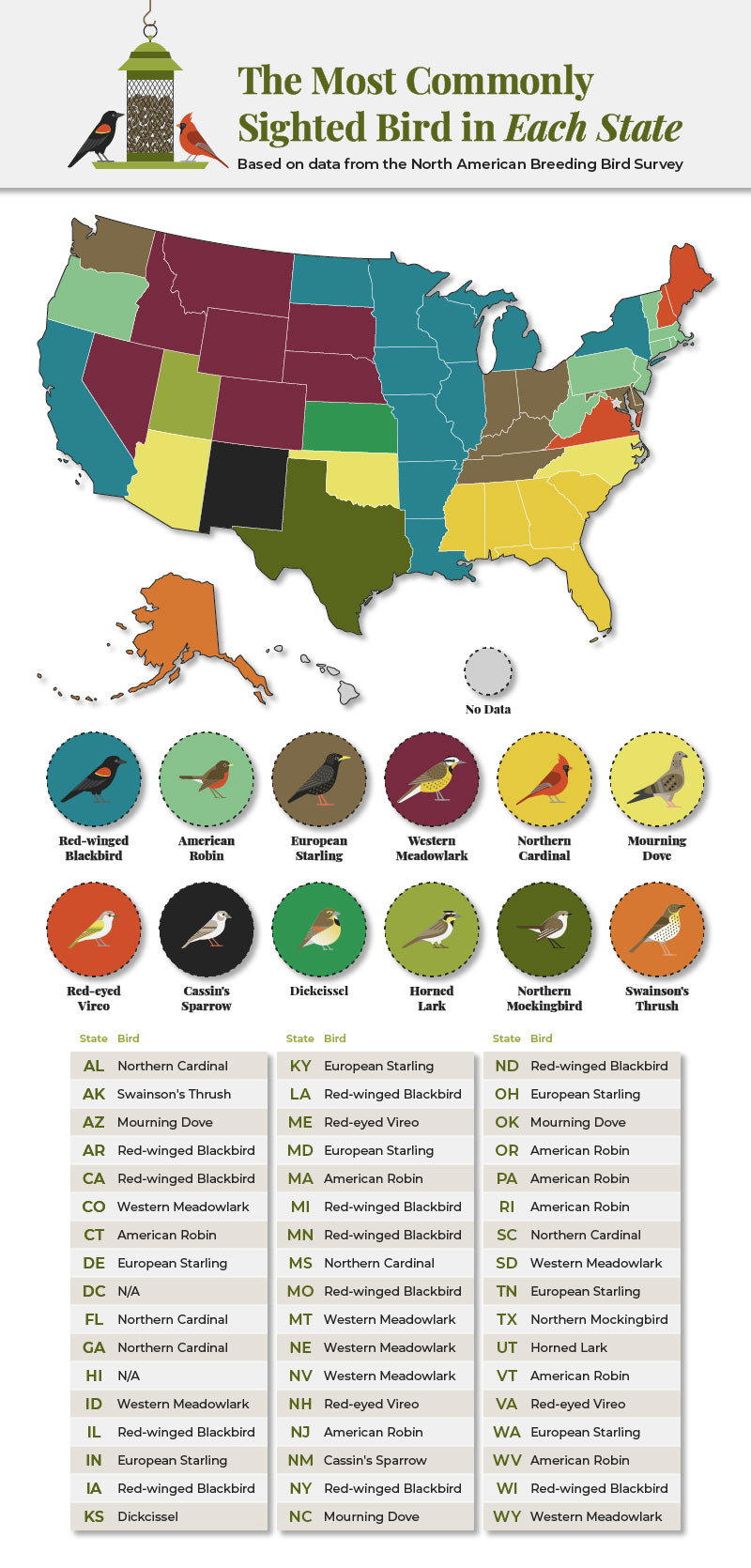 The most commonly sighted bird in each U.S state