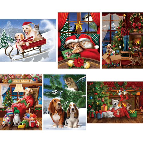 Set of 6: Tom Wood Holiday Pets 300 Large Piece Jigsaw Puzzles