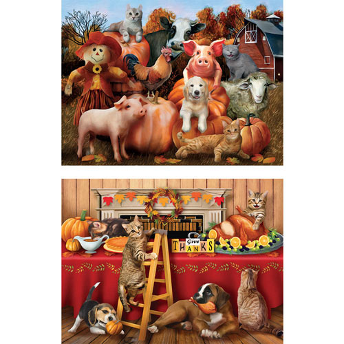 Set of 2: Thanksgiving Pets 300 Large Piece Jigsaw Puzzles