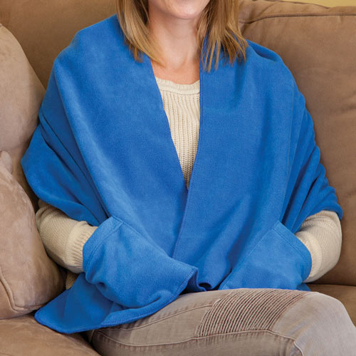 Fleece Wrap Shawl with Pockets - Blue
