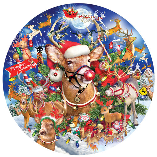 Reindeer Madness 1000 Piece Round Jigsaw Puzzle