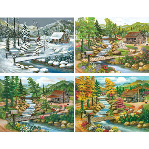 Set of 4: Peggy Myrick Knight Seasonal Cabin 1000 Piece Jigsaw Puzzle