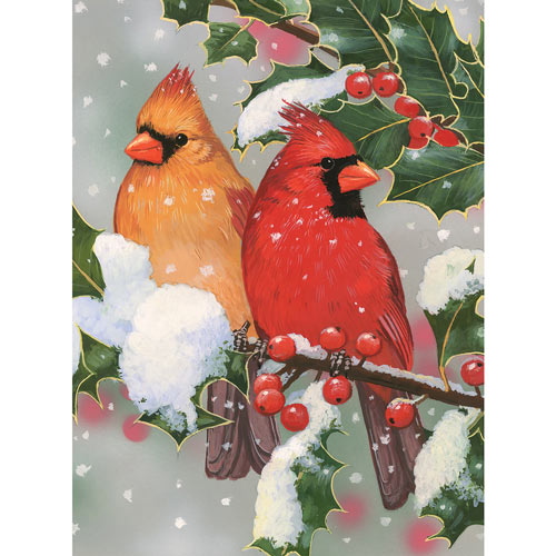 Cardinal Couple With Holly 300 Large Piece Jigsaw Puzzle