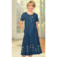 Flowery Embroidered Denim Dress - Small Size