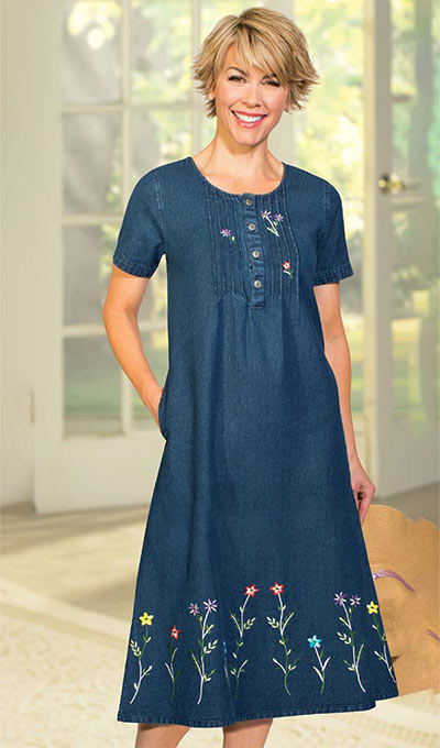 Flowery Embroidered Denim Dress - Small Size