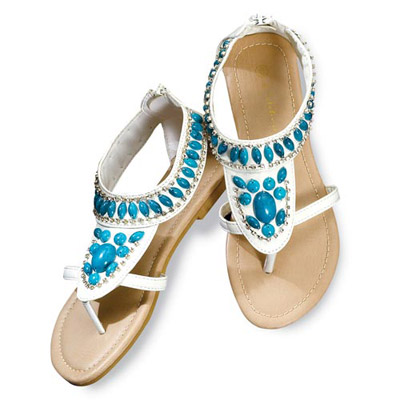 White Faux Turquoise-Studded Sandals